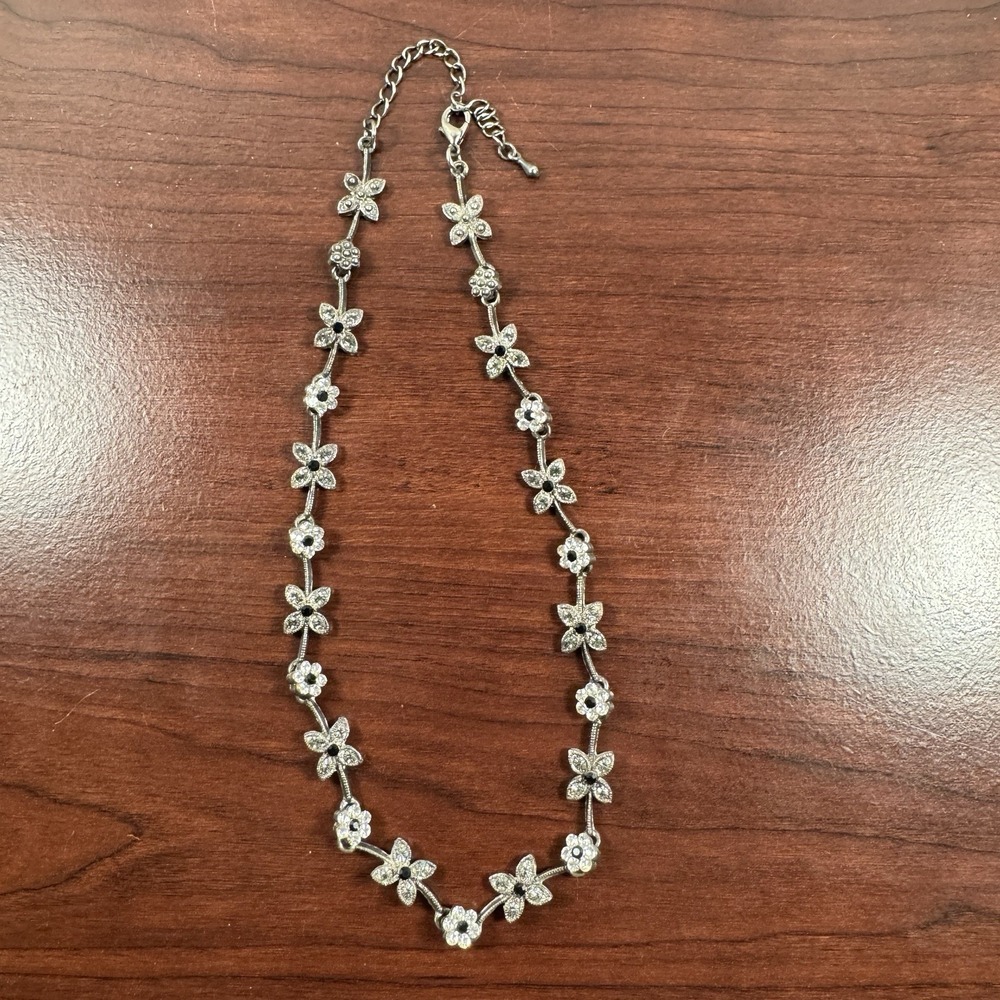 Butterfly And Flower Crystal Encrusted Silver Tone 14” Choker Necklace W/3” Ext